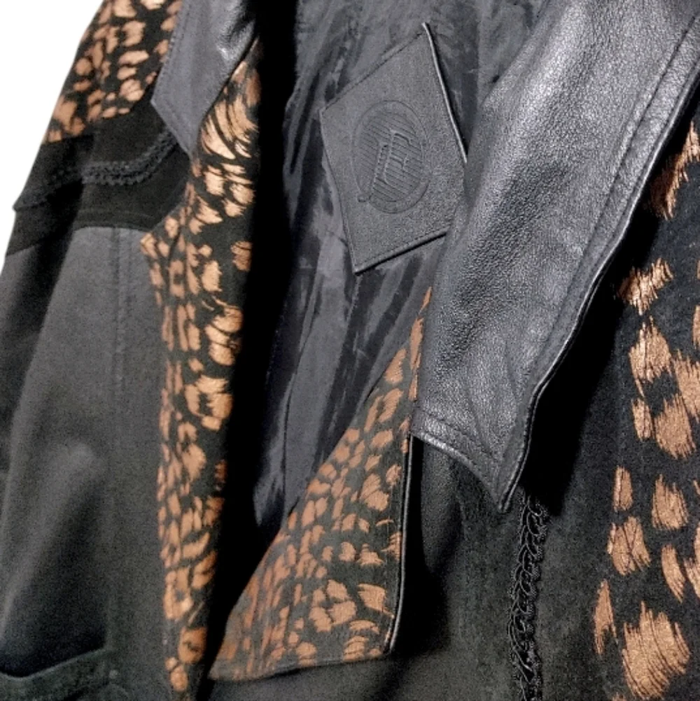 Vintage 80s JF J Ferrar Black Leopard Print Leather Suede Trench Coat Size Large - Picture 8 of 13
